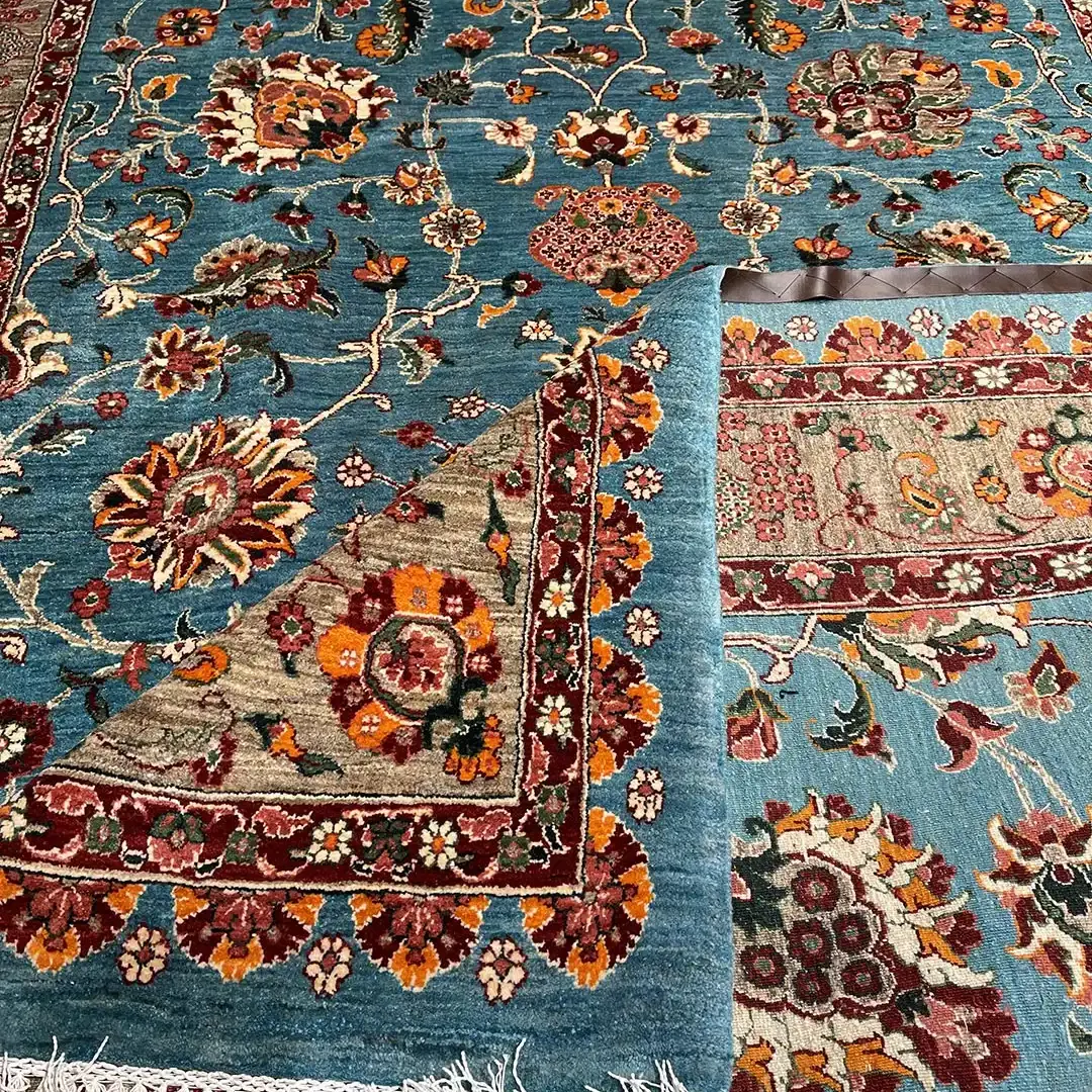 قالی نقشه زندگی رنگ سبز آبی 6.60 متری فرش رحیمی کارپت