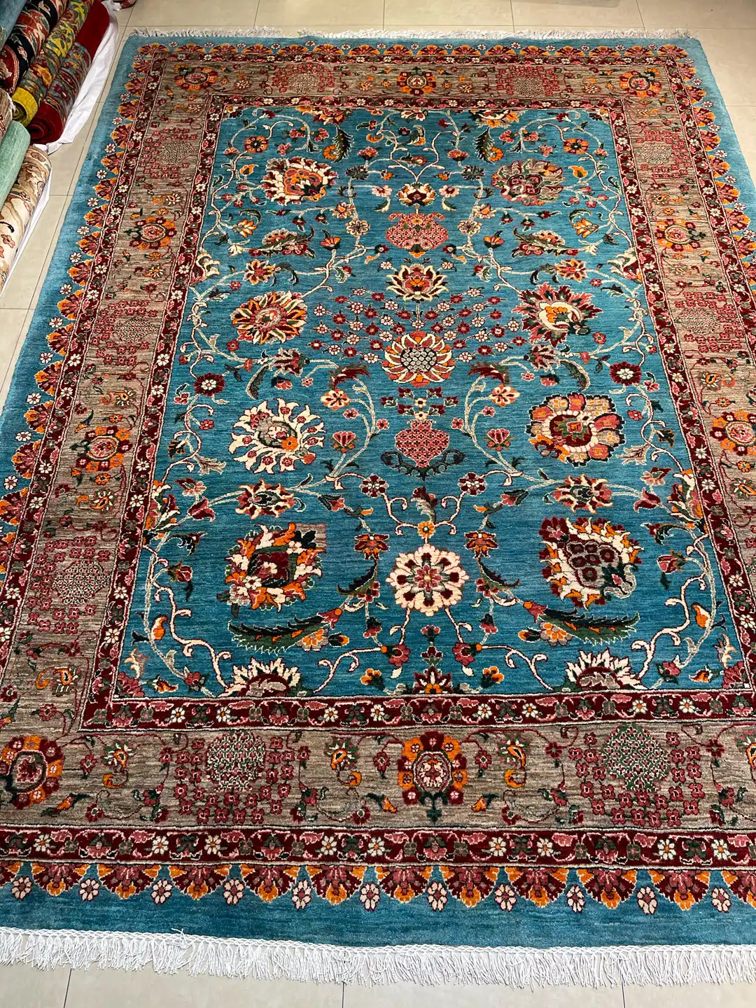 قالی نقشه زندگی رنگ سبز آبی 300×220 فرش رحیمی کارپت