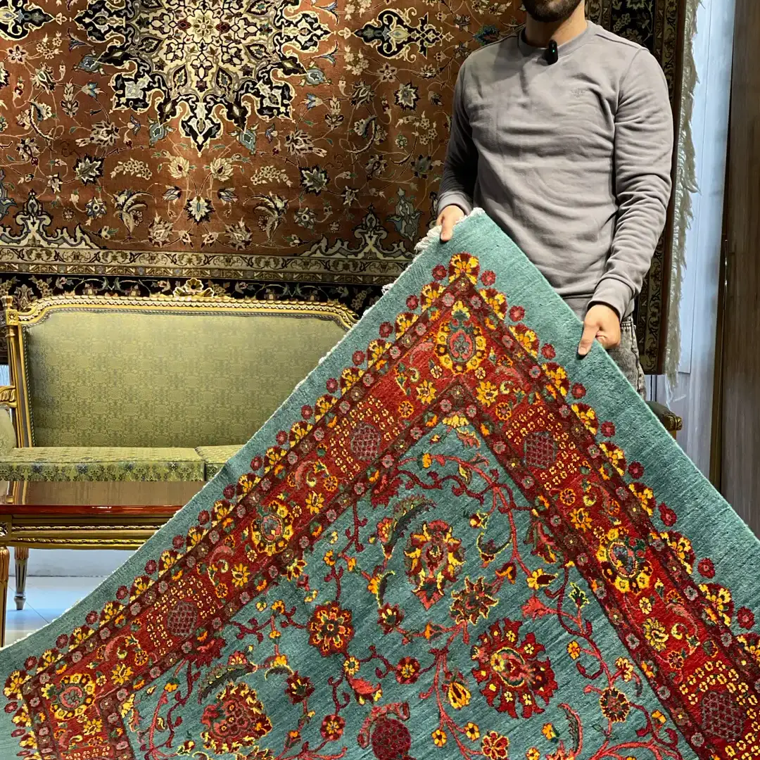 قالیچه نقشه زندگی رنگ سبز دریا ۳.۵۴ متری فرش رحیمی